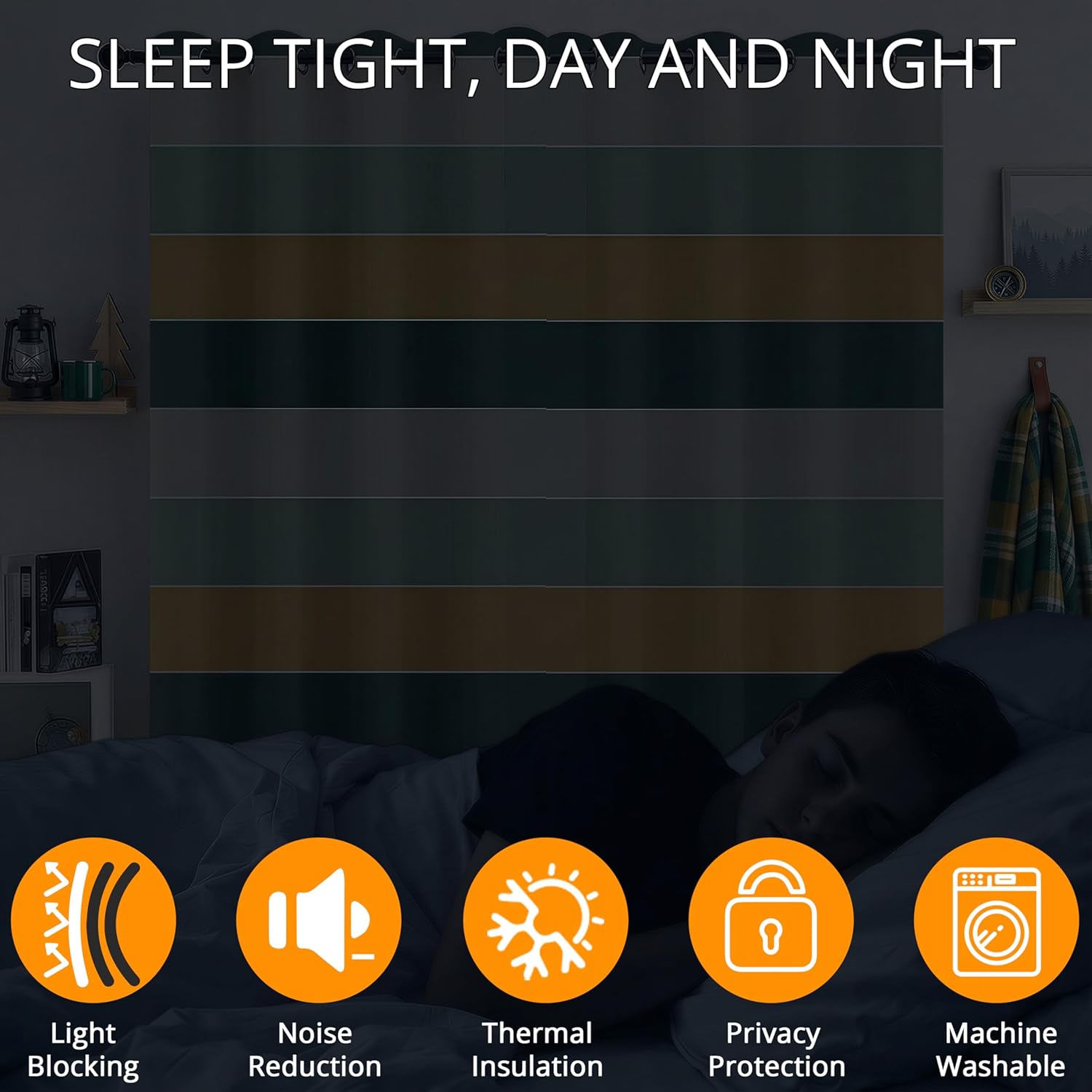 Stripe Blackout Curtains - 100% Blackout, Thermal Insulated, Noise Reducing, Forest Camp Inspired, Cabin Style, 2 Panels, Each W52xL84