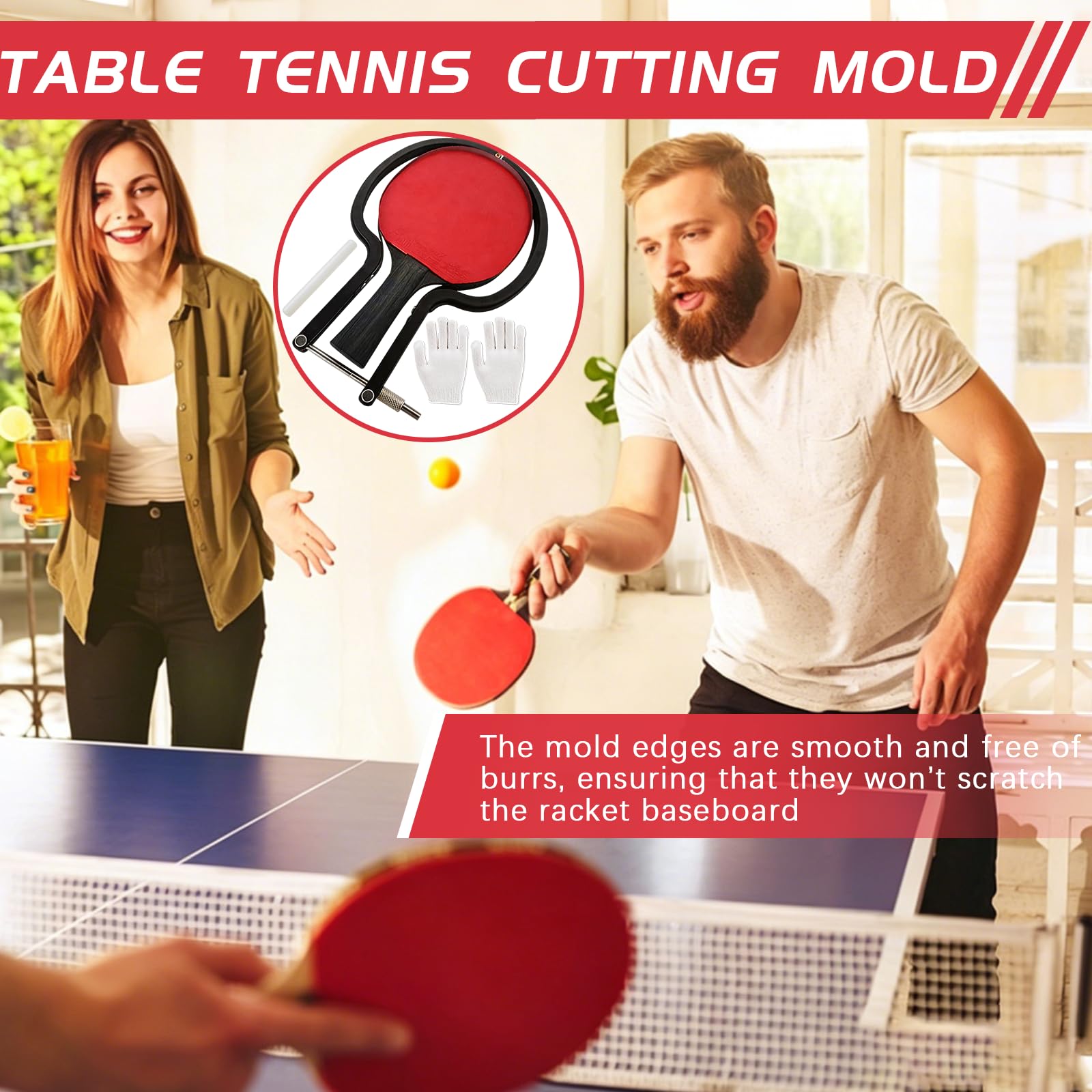 Taglierina per Gomme da Tennis da Tavolo, Kit Strumento di Taglio ad Arco Regolabile con Bastone in Legno e Guanto Accessorio Professionale per Rivestimenti Ping Pong Universale per Racchette