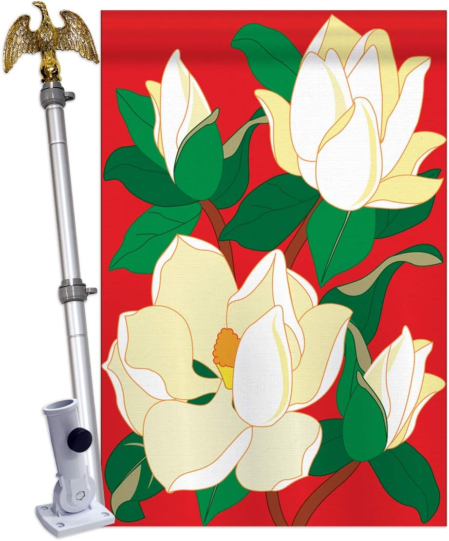 Two Group HS104041-P2-02 Magnolia Spring Floral Applique Decorative Vertical 28" x 44" Double Sided House Flag Set Aluminum Pole & Bracket Hardware