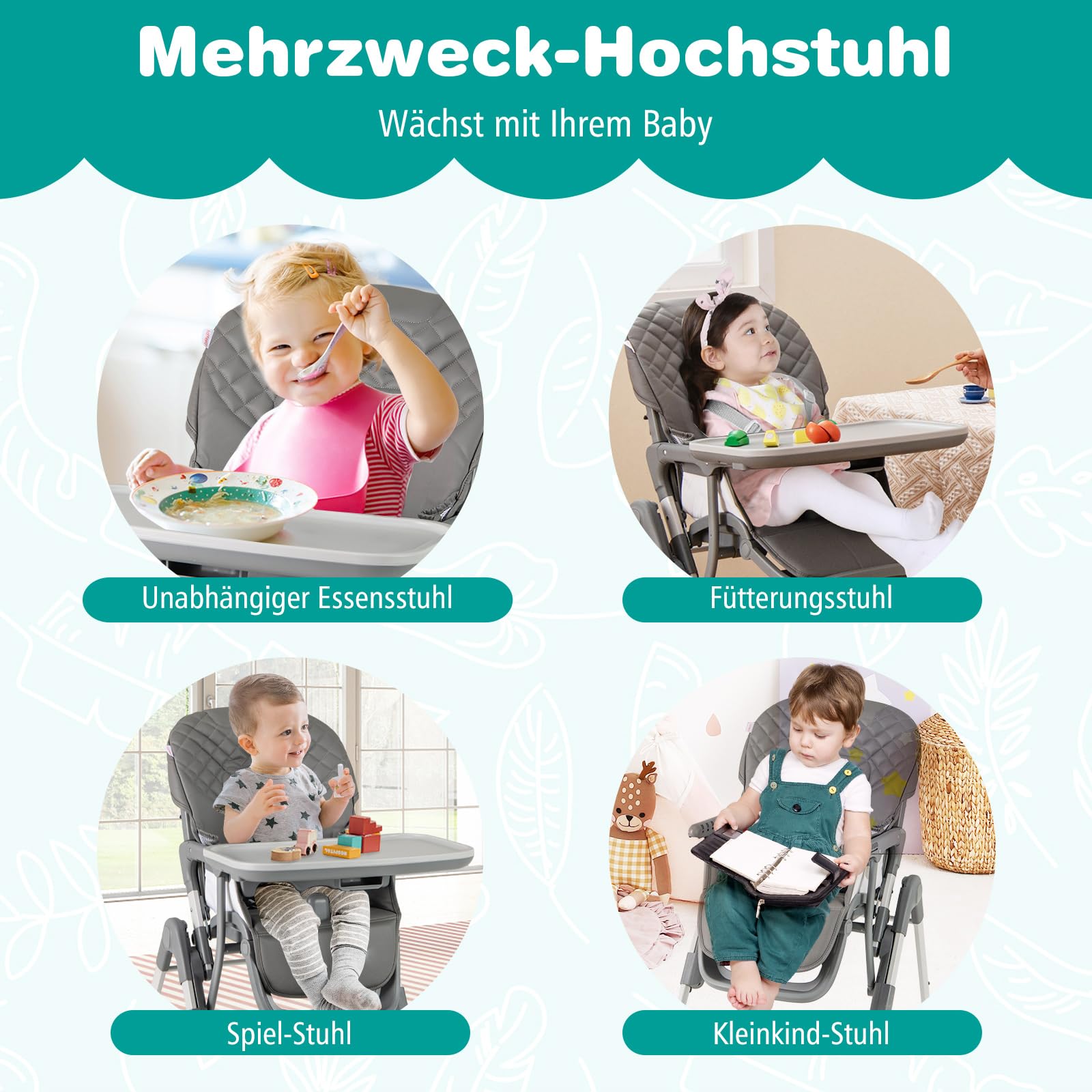 COSTWAY Krzesełko do karmienia dla niemowląt, składane, z funkcją leżenia i regulowanymi wysokościami, mobilne krzesło dla niemowląt ze zdejmowaną tacą i pasem bezpieczeństwa, kombinowane krzesełko