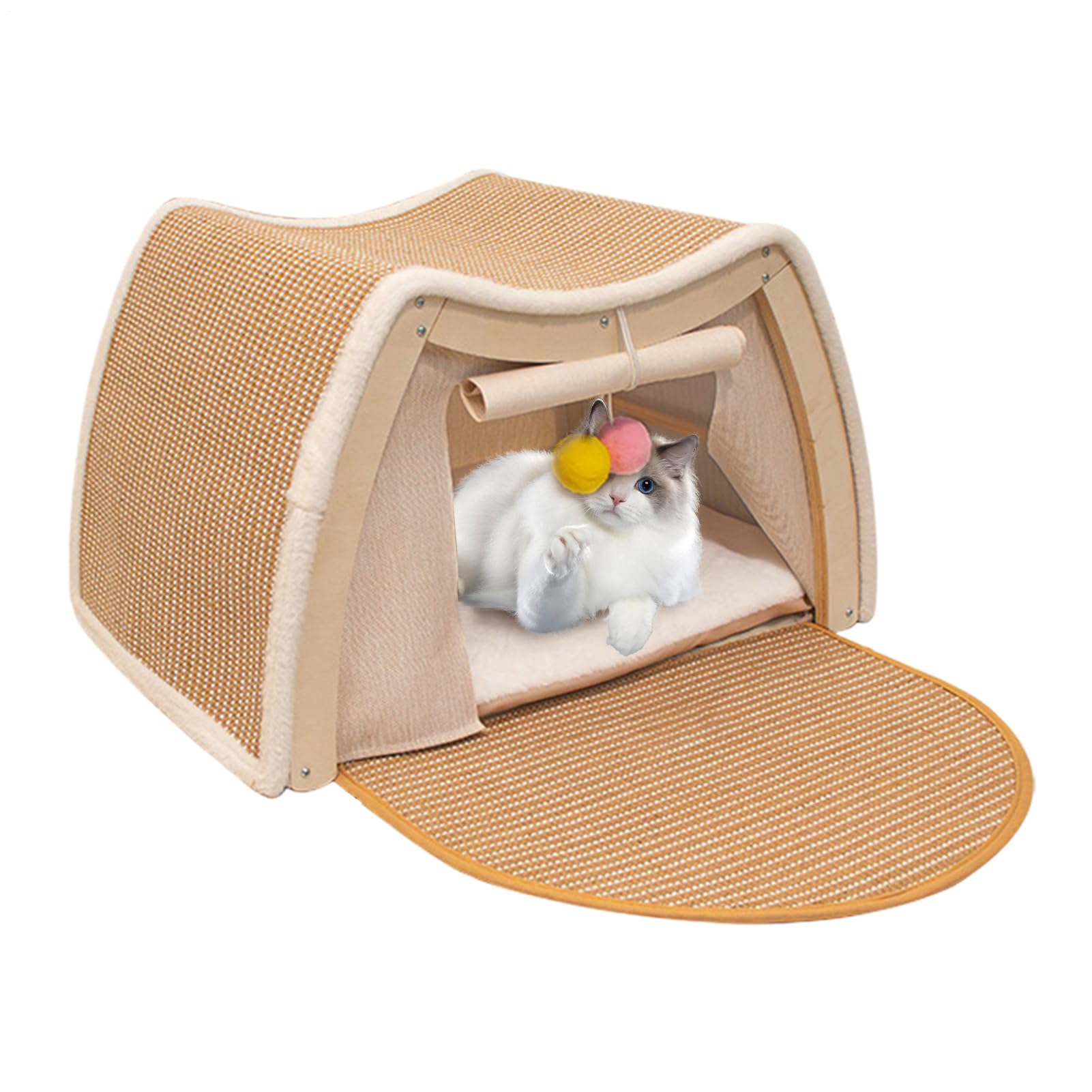 Tienda Cama Gatos Casa de Descanso y Juego con Rascador de Sisal | Villa Cálida De Gatos En Invierno en Interior del Hogar Dormitorio Habitación de Mascotas Suelo Invierno