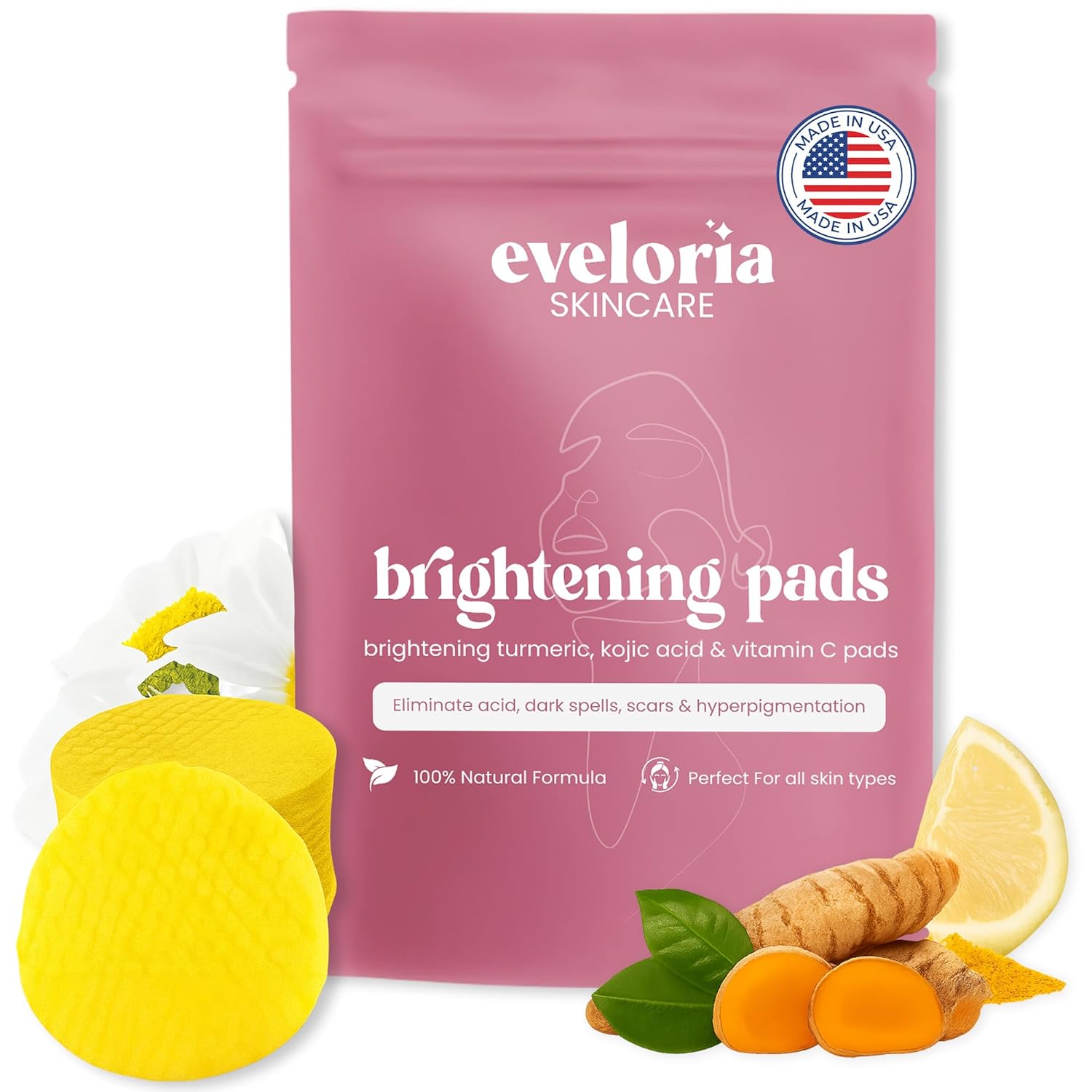 Eveloria™ Turmeric & Kojic Acid Toner Pads for Face – Brightening & Dark Spot Toner Pads with Vitamin C – Exfoliating Facial Toning Pads for Pore Minimizing, Uneven Tone & Acne Prone Skin (30 Pads)