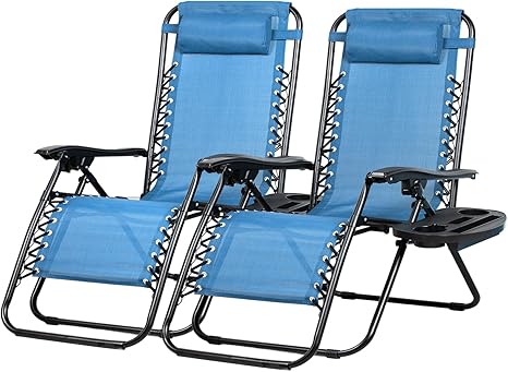Nazhura Set of 2 Relaxing Recliners Patio Chairs Adjustable Steel Mesh Zero Gravity Lounge Chair Beach Chairs with Pillow and Cup Holder (Sky Blue)