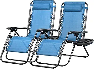 Nazhura Set of 2 Relaxing Recliners Patio Chairs Adjustable Steel Mesh Zero Gravity Lounge Chair Beach Chairs with Pillow and Cup Holder (Sky Blue)
