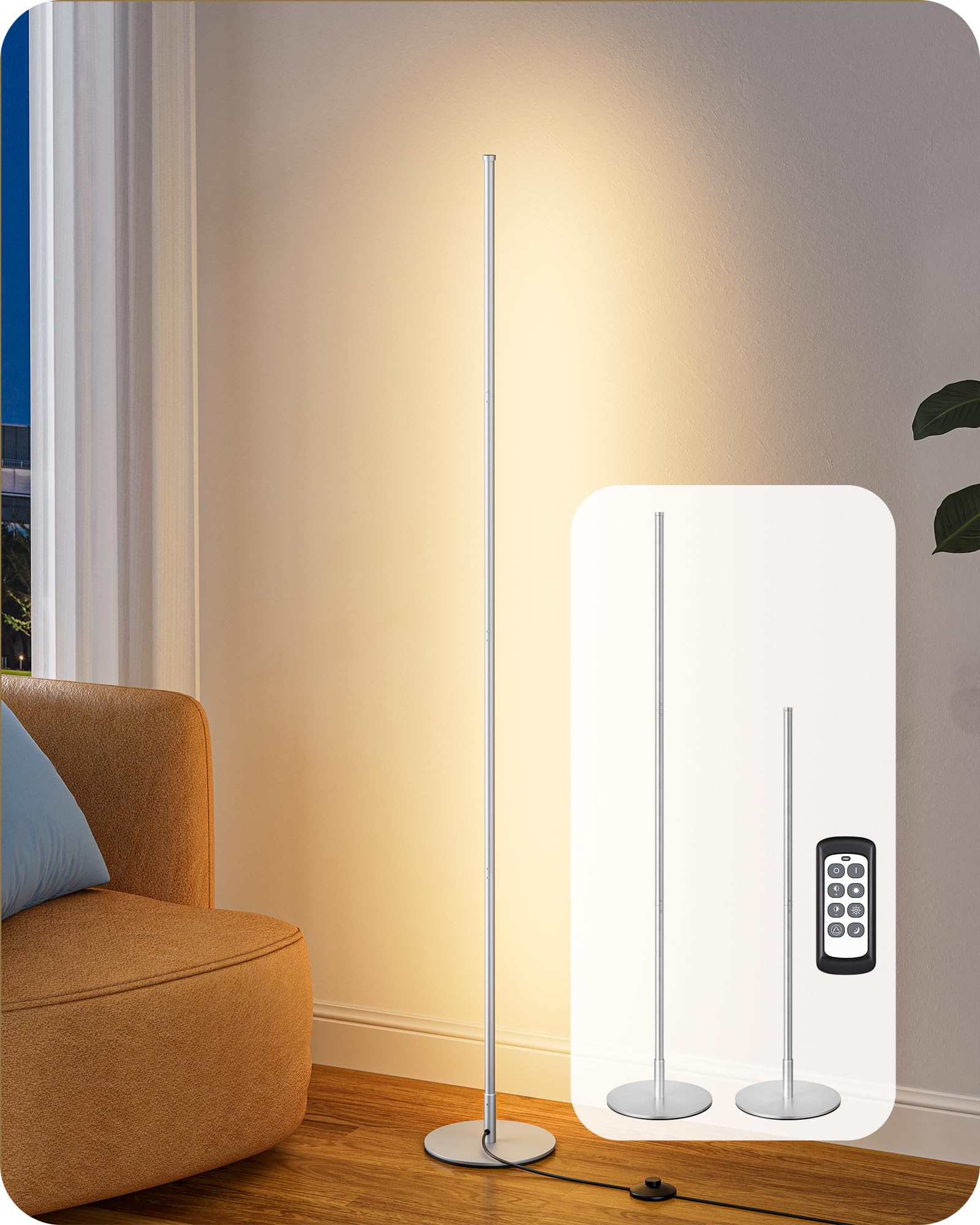 EDISHINE Dimmable Floor Lamp, 59.8" Standing Lamp with 3 Height Settings, Adjustable Color Temperature, Remote Control, Foot Switch, Slim Floor Lamps for Living Room, Sliver
