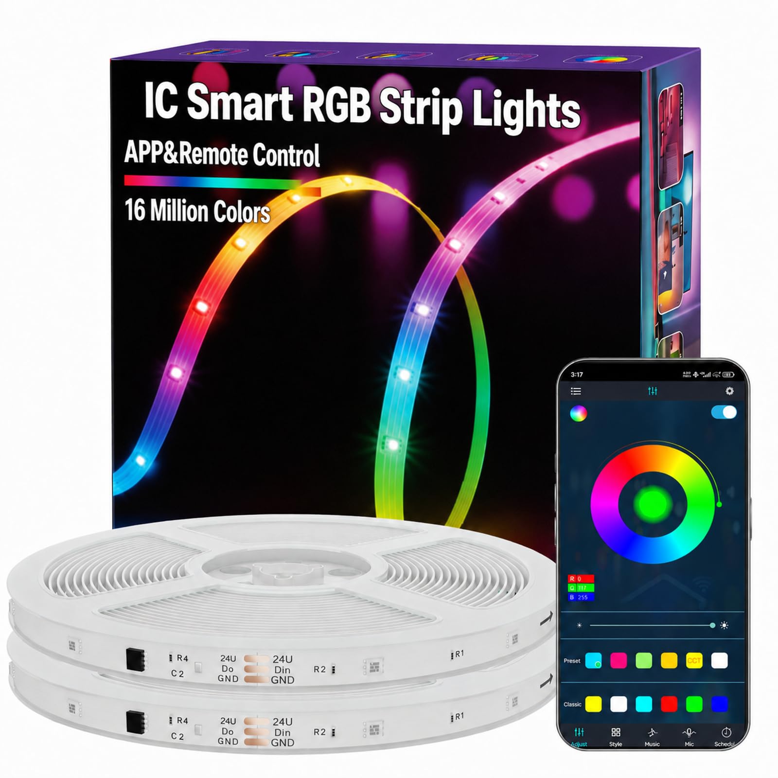 MFWW 100FT Strip Lights, Smart IC RGB LED Lights Multiple Colors on One Line, App+Remote Control, Timing, Multimodal, Music Sync, Color Changing Lights for Bedroom, Party Home Decor, (2 x 50ft)