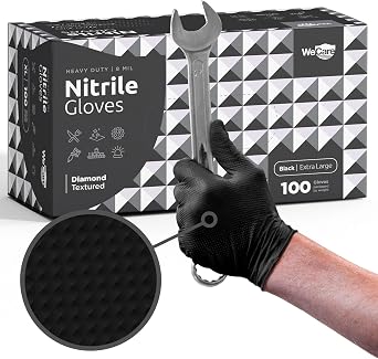 WECARE Black 8 Mil Nitrile Gloves X Large 100 Pack - Heavy Duty Mechanic Gloves, with Diamond Grip - Powder and Latex Free Disposable Gloves