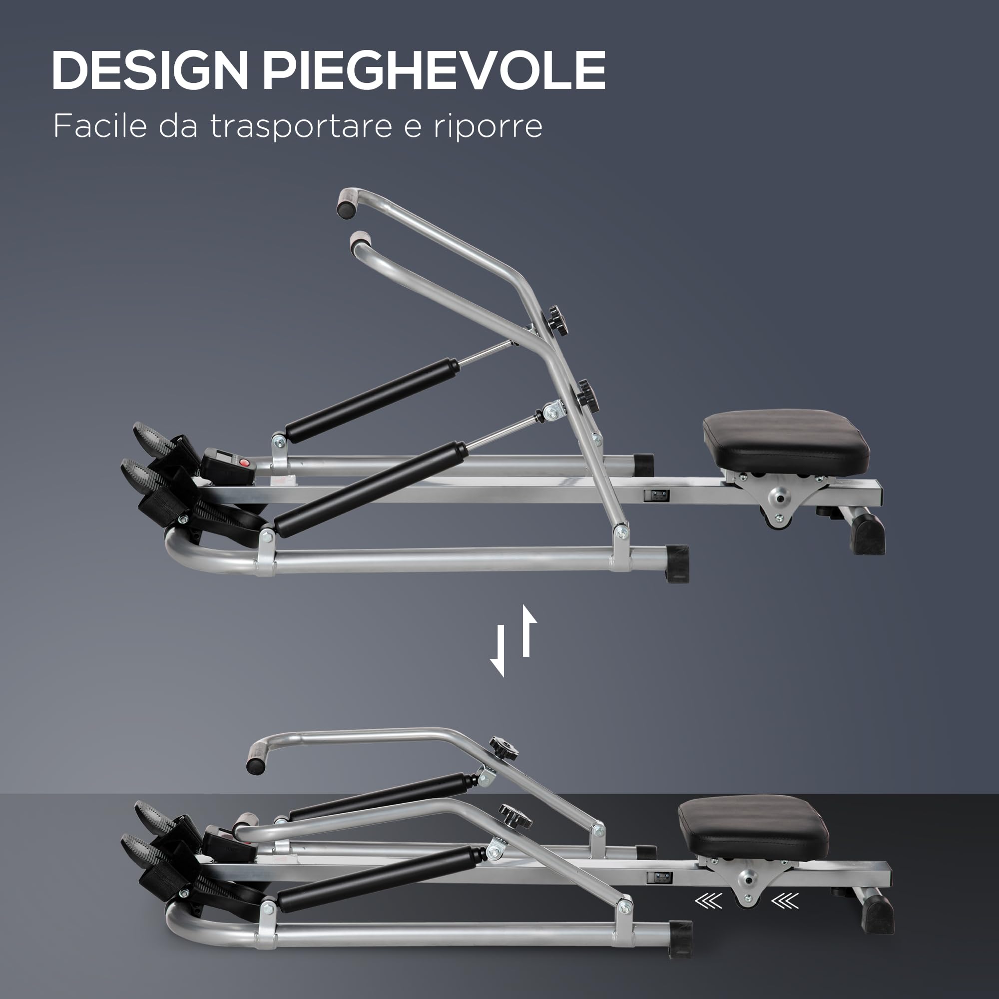 HOMCOM Vogatore Pieghevole per Casa Rowing Machine Idraulica con 3 Livelli di Resistenza e Monitor Digitale, in Acciaio e ABS, 129x70x70 cm, Grigio e Nero