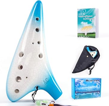 Ocarina, Horse 12 Holes Alto C Ceramic with Carry Bag Music Book Strap Crack Blue