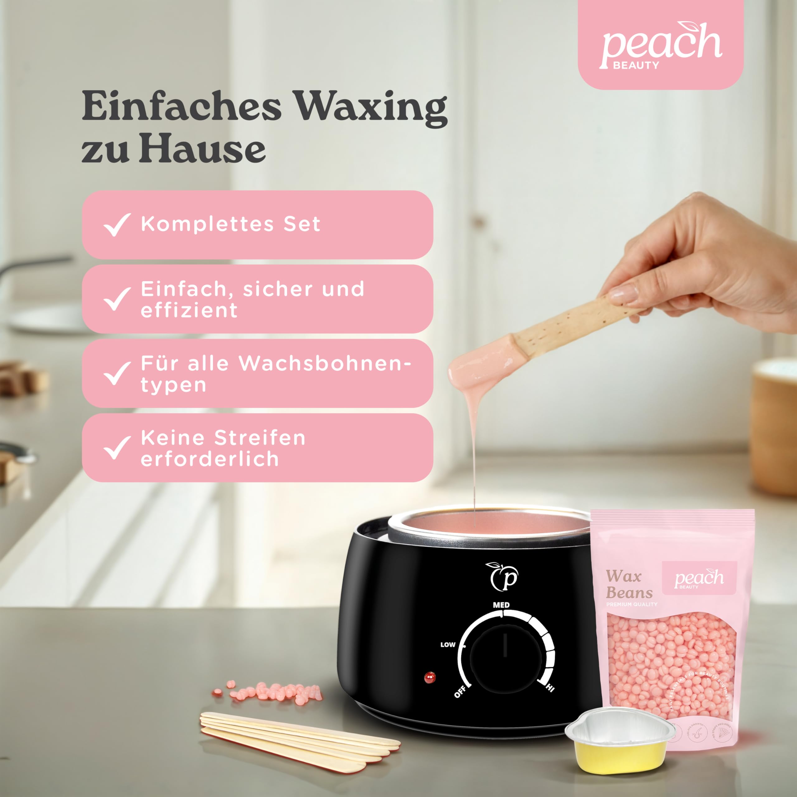 Wachswärmer | Waxing Set mit 100g Wachsperlen für Haarentfernung + 10 Spatel aus Holz + Aluminium-Wachstopf | Warmwachsgerät | Professional Elektrischer Wachserhitzer für Alle Wachstypen