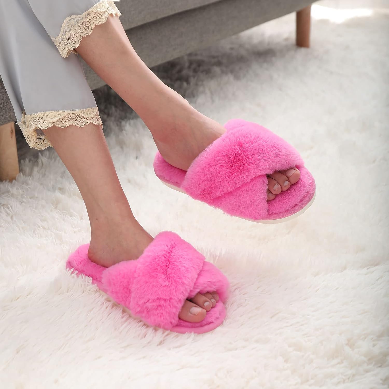 Evshine Women's Fuzzy Slippers Cross Band Memory Foam House Slippers Open Toe - Image 3