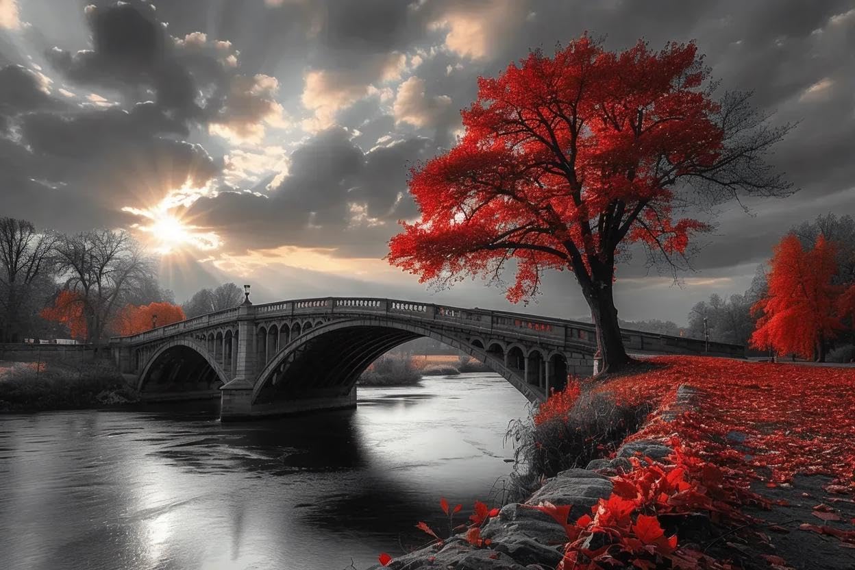 Fun Jigsaw Puzzle for Adults 1000 Pieces Black and White Bridge and Red Tree Wall Art Wooden Puzzles Best Brain Exercises Educational Gift