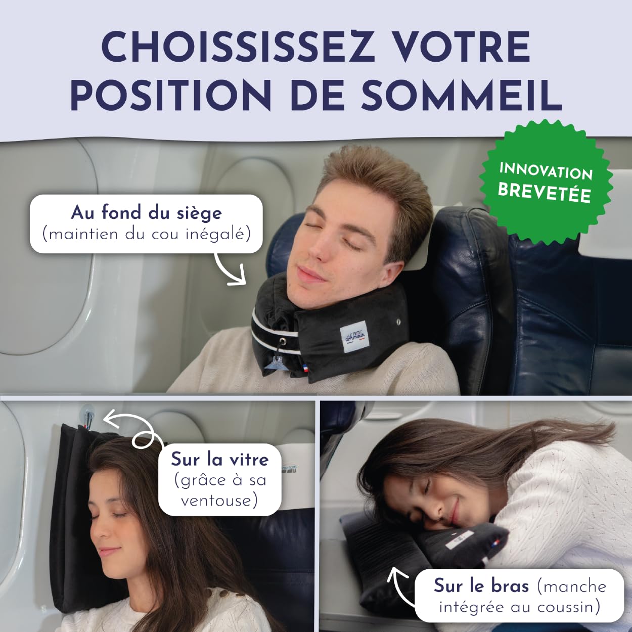 Coussin de Voyage Coussin Avion Ergonomique 3 en 1 - Oreiller de Voyage Ultra Confort - Pratique & Compact - Fabriqué en France - Lavable en Machine - Velours Noir