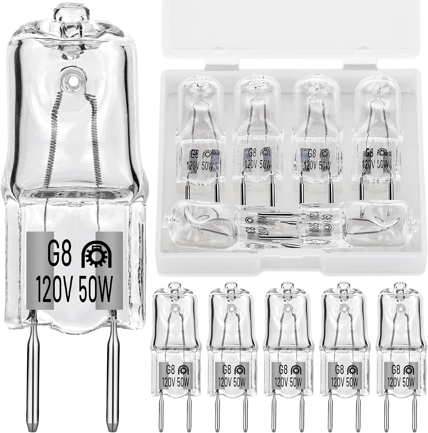 HNYYZL 12 Pack G8 Halogen Light Bulbs - 50W 120V T4 JCD Type G8 Bi-Pin Base, Dimmable Warm White 2700K for Kitchen Hood, Landscape Lights, Desk Lamps, Floor Lamps, and Wall Sconces