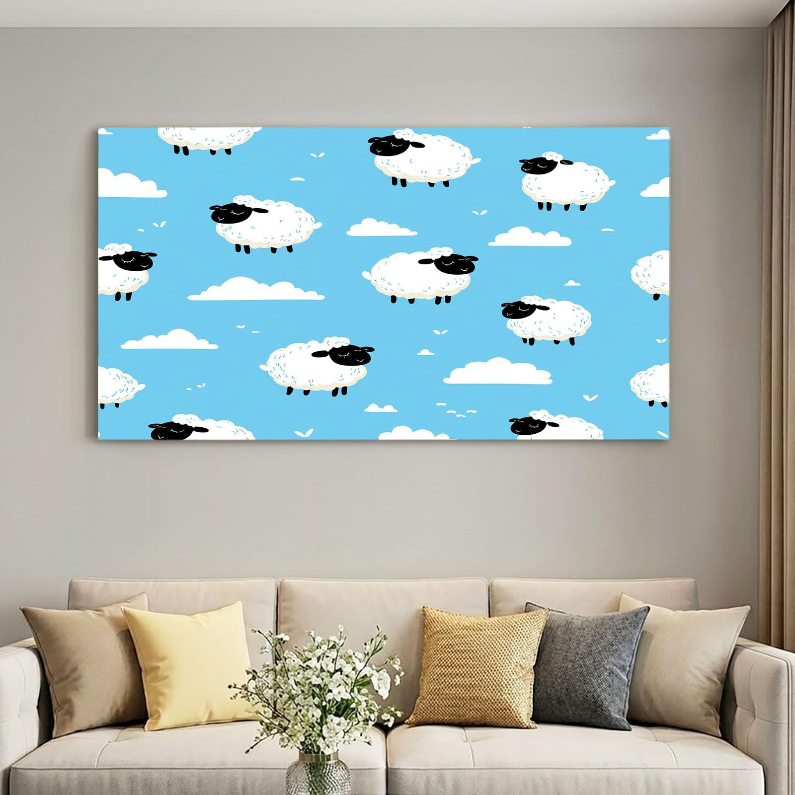 Générique Obraz z kreskówek do dekoracji ścian, obraz 120 x 80 cm niebieskie urocze zwierzęta owca chmura - plakaty artystyczne do salonu, sypialni, kuchni, biura