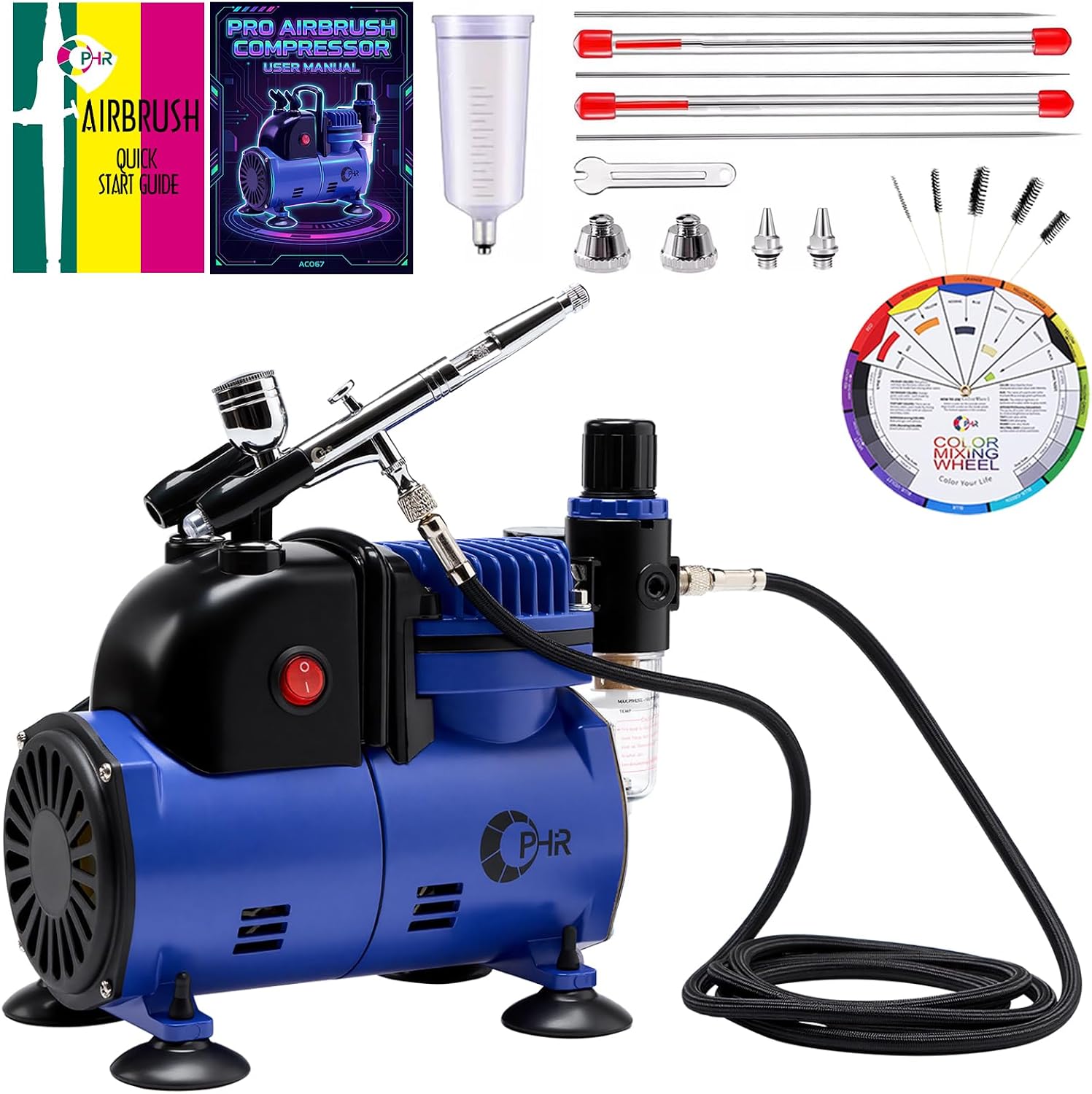OPHIR Airbrush Starter Kit with 0.2/0.3/0.5mm Dual-Action Airbrush, Quiet Air Compressor & Cooling Fan, 40CC Paint Cup, Cleaning Tools, for Model & Nail Art Complete Hobby Set for Beginners