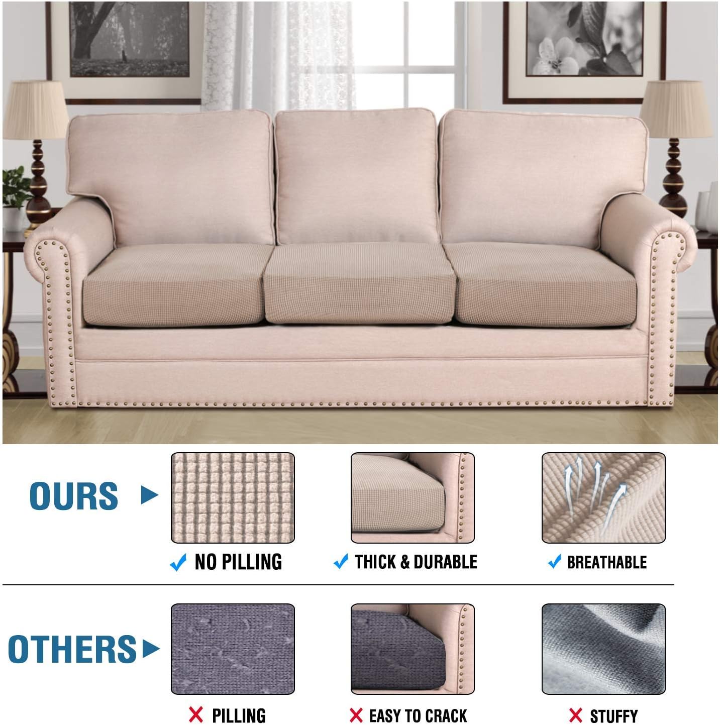 H.VERSAILTEX Sofa Cover 1 Piece Bundles Sofa Cushion Covers 3 Piece, Sand