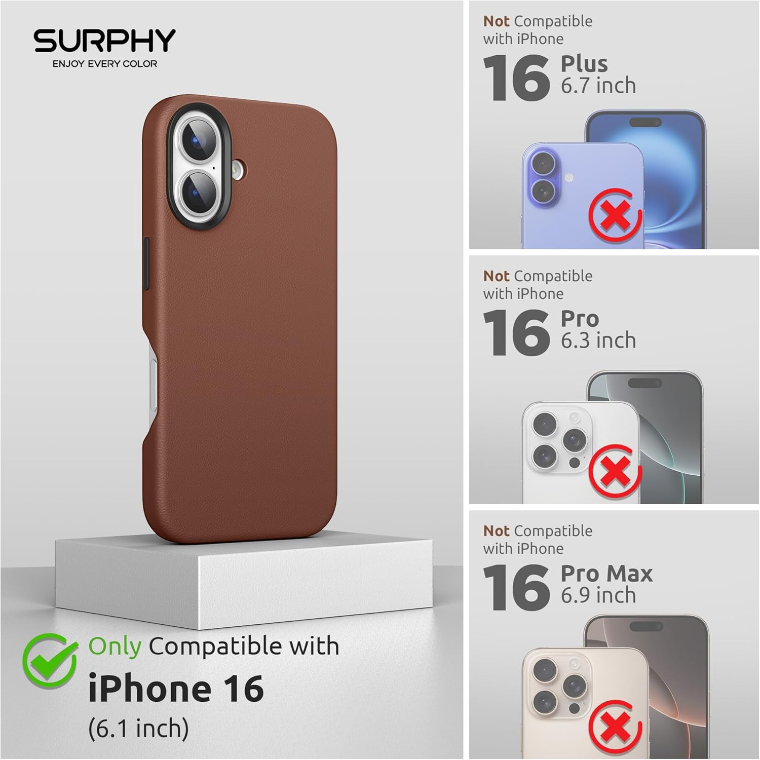 SURPHY Designed for iPhone 16 Leather Case with Screen Protector Compatible with MagSafe, Faux Leather Phone Case (Metallic Buttons, Microfiber Lining) for 16 6.1 inch 2024, Brown - Image 2