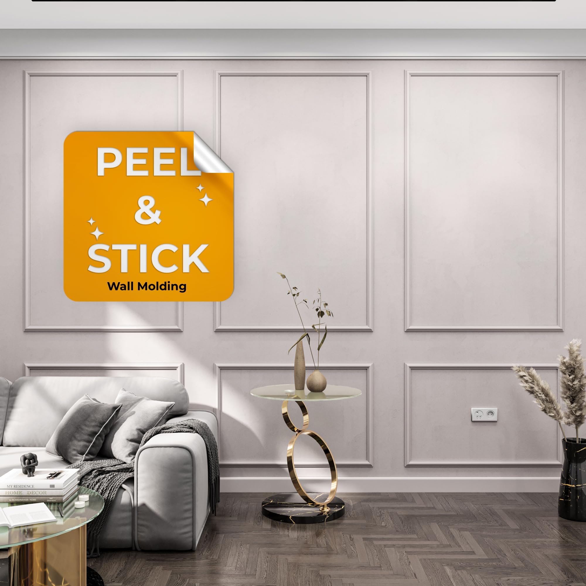 Peel and Stick Wall Molding Kit, Pre-Cut Paintable Wall Trim, No Nails No Glue, Easy DIY Installation, 6 Piece (3 Top & 3 Bottom Frames)