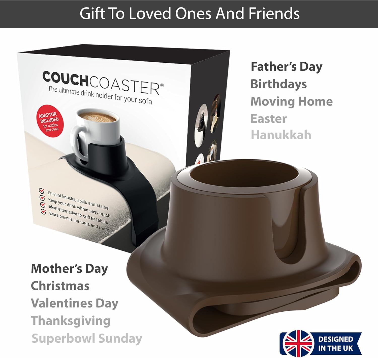 HIT PRODUCTS CouchCoaster® - Original & Patented Armrest Couch Cup Holder, Mocha Brown - A Weighted, Silicone, Anti Slip Coaster Stops Spills On Your Sofa, Armchair Or Recliner & Keeps Drinks in Reach - Image 5