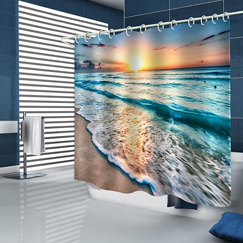 Miniatura 9 de El baño tiene una cortina de ducha de playa al atardecer y la bañera tiene una lujosa cortina de ducha estándar. Cortina de ducha de tela lavable