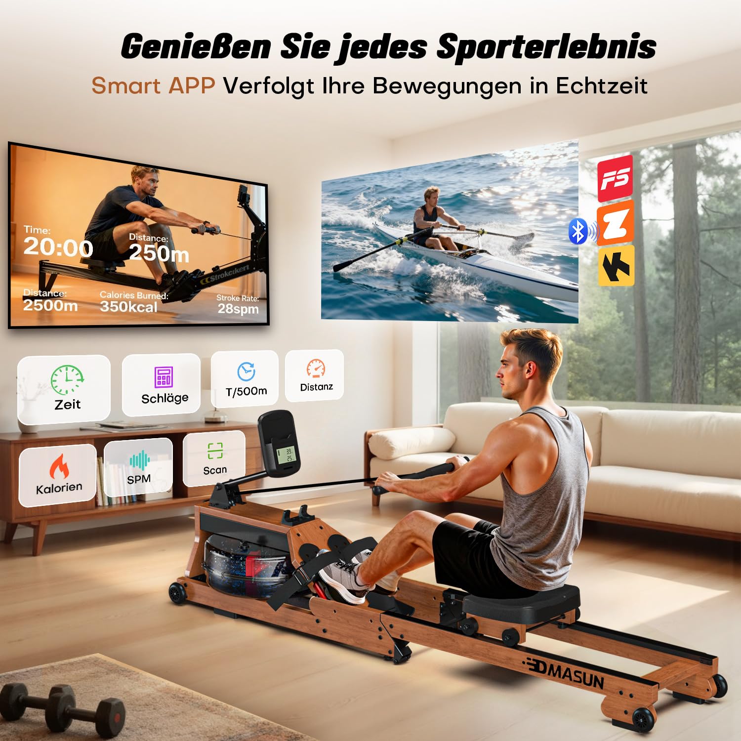Rudergerät für Zuhause, DMASUN Magnetisches Rudergerät mit Upgrade Doppel-Slide-Rails, APP-Verbindung, 16 Widerstandsstufen, LCD-Datenanzeige, ideal für Cardio-Training