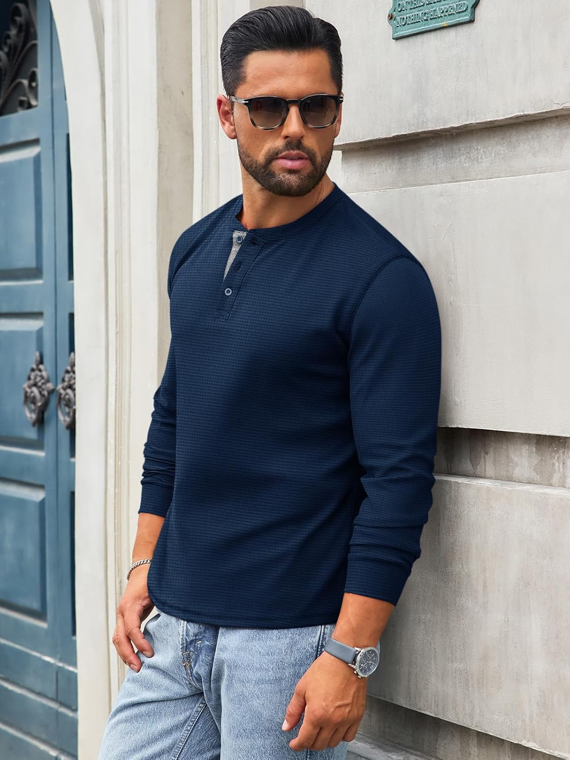 Runcati Mens Henley Long Sleeve Shirts Waffle Button Casual Basic Lightweight Tops - Image 3