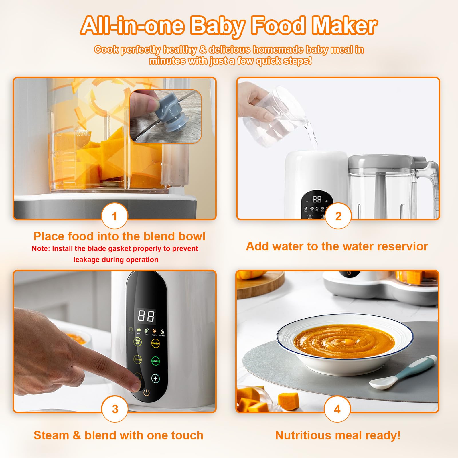 Máquina automática de alimentos para bebés 4 en 1, procesador de alimentos casero multifuncional de 450 W con vaporizador, licuadora de puré, 4 menús preestablecidos, control de pantalla