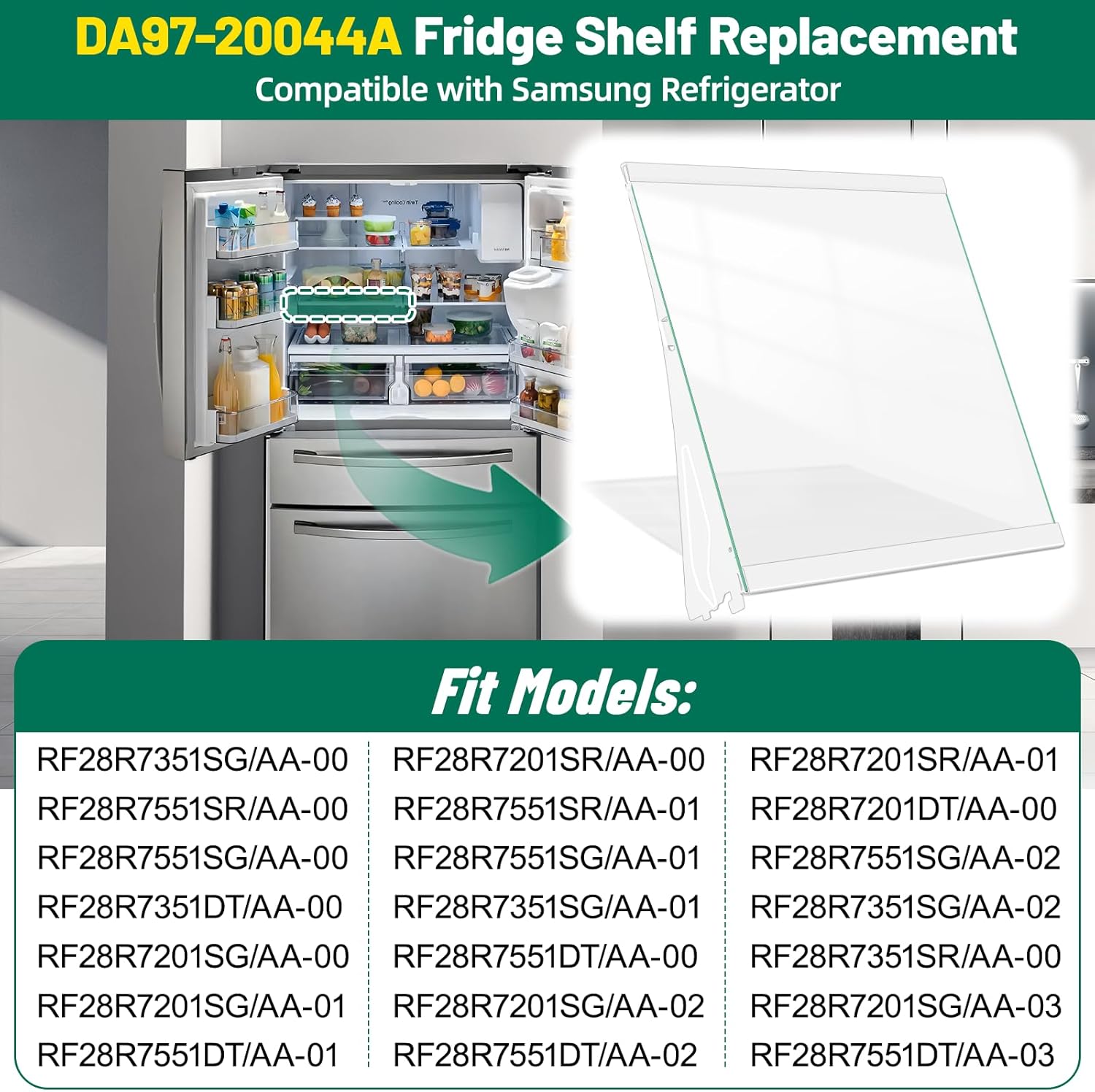 Upgraded DA97-20044A Refrigerator Glass Shelf Replacement Assembly Compatible with Samsung Fridge Glass Shelf Tempered Left Shelves Replace RF28R7351SG RF28R7201SR Refrigerator Parts