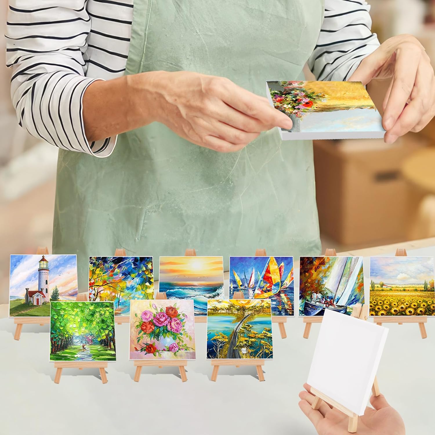 WOWOSS 20 Pack Mini Stretched Canvas with Wooden Easel, 4x4 Inch, Art Primed Canvases for Kids Painting, Acrylic Pouring, Oil Paint & Wet Art Media