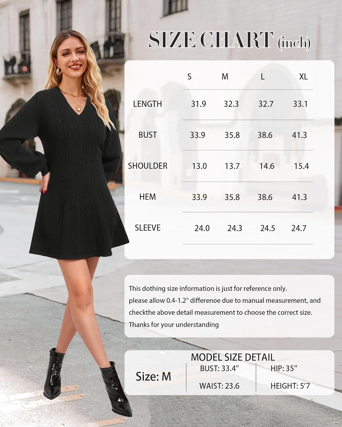 Womens V Neck Long Sleeve Cable Knit Fall Dresses Elegant Babydoll Sweater Dress - Image 5