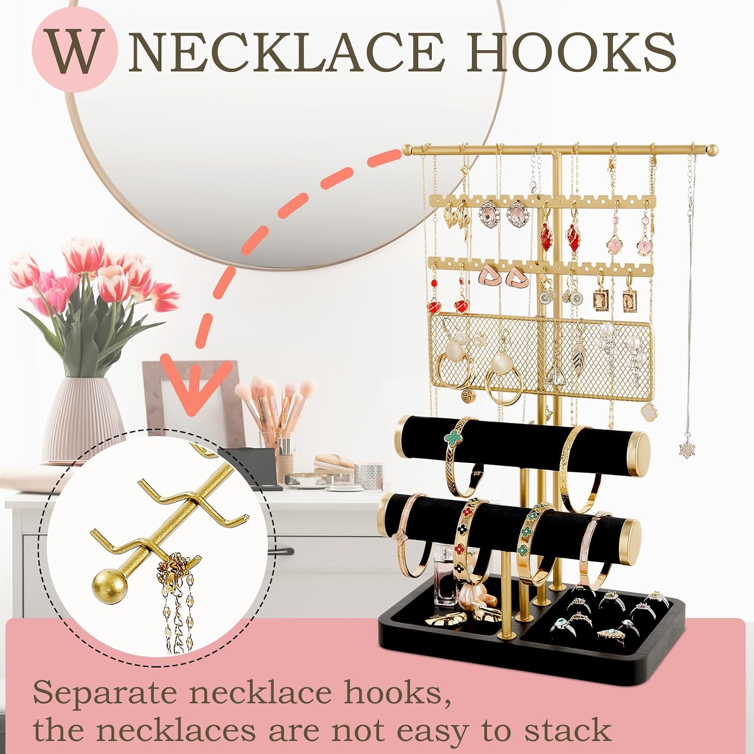 Poyilooo 4 Tier Jewelry Organizer and Storage, Earring Holder Jewelry Stand for Necklace Earring Keychains Bracelet Rings Display Jewelry Tree Stand Christmas Gifts for Women (Blackgold)