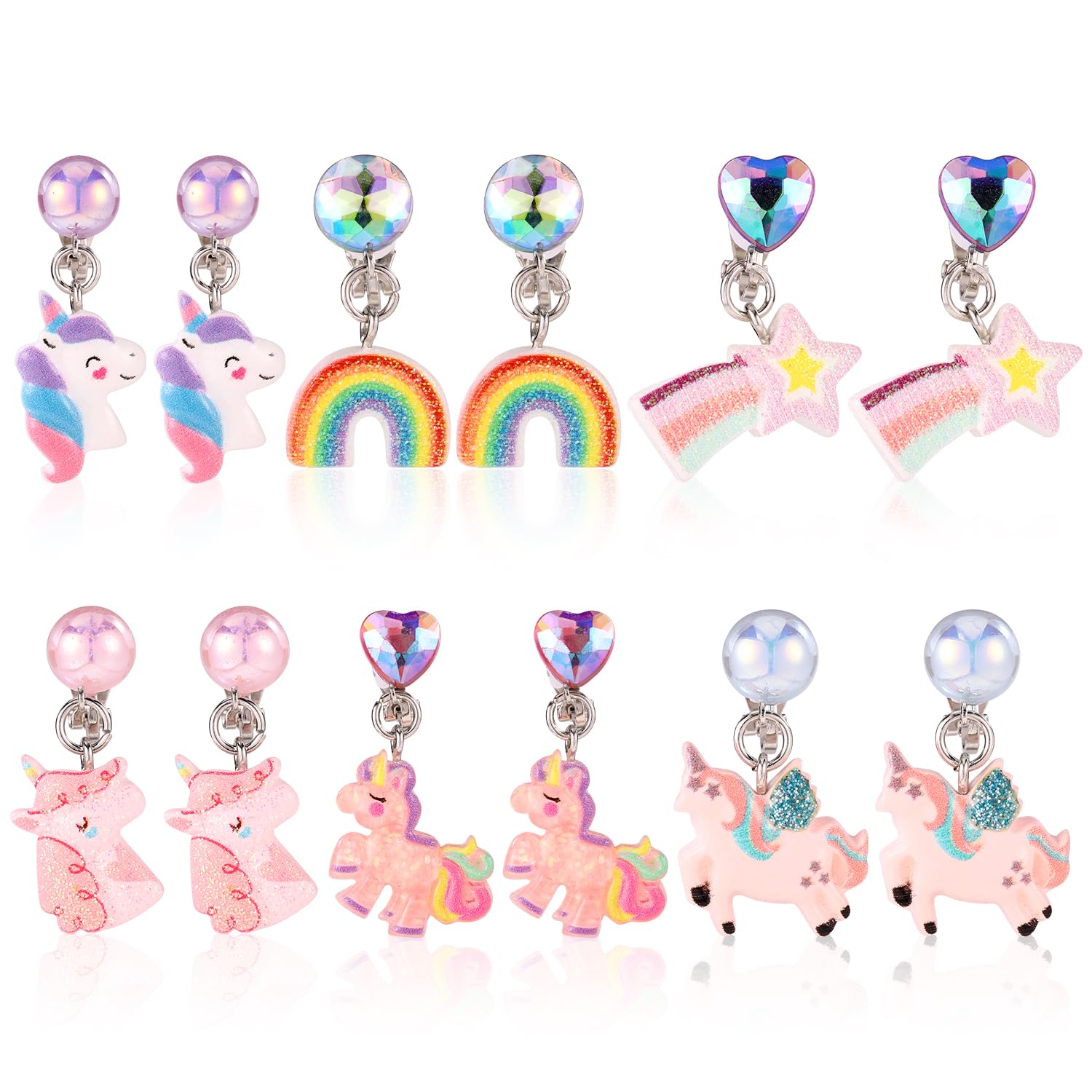 6 Pairs Colorful Clip On Drop Earrings, Resin Clip On Earrings Non-Pierced Princess for Dress Up Princess Jewelry