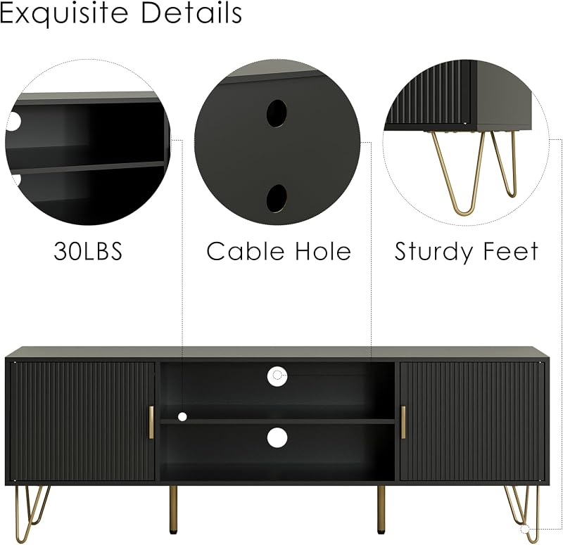 TV Stand for 55-65 inch TV, Entertainment Center with Soft Hinge Door,TV Console Table with 2 Cabinets with Gold Handle and Feet,for Living Room, Bedroom, Black image 4
