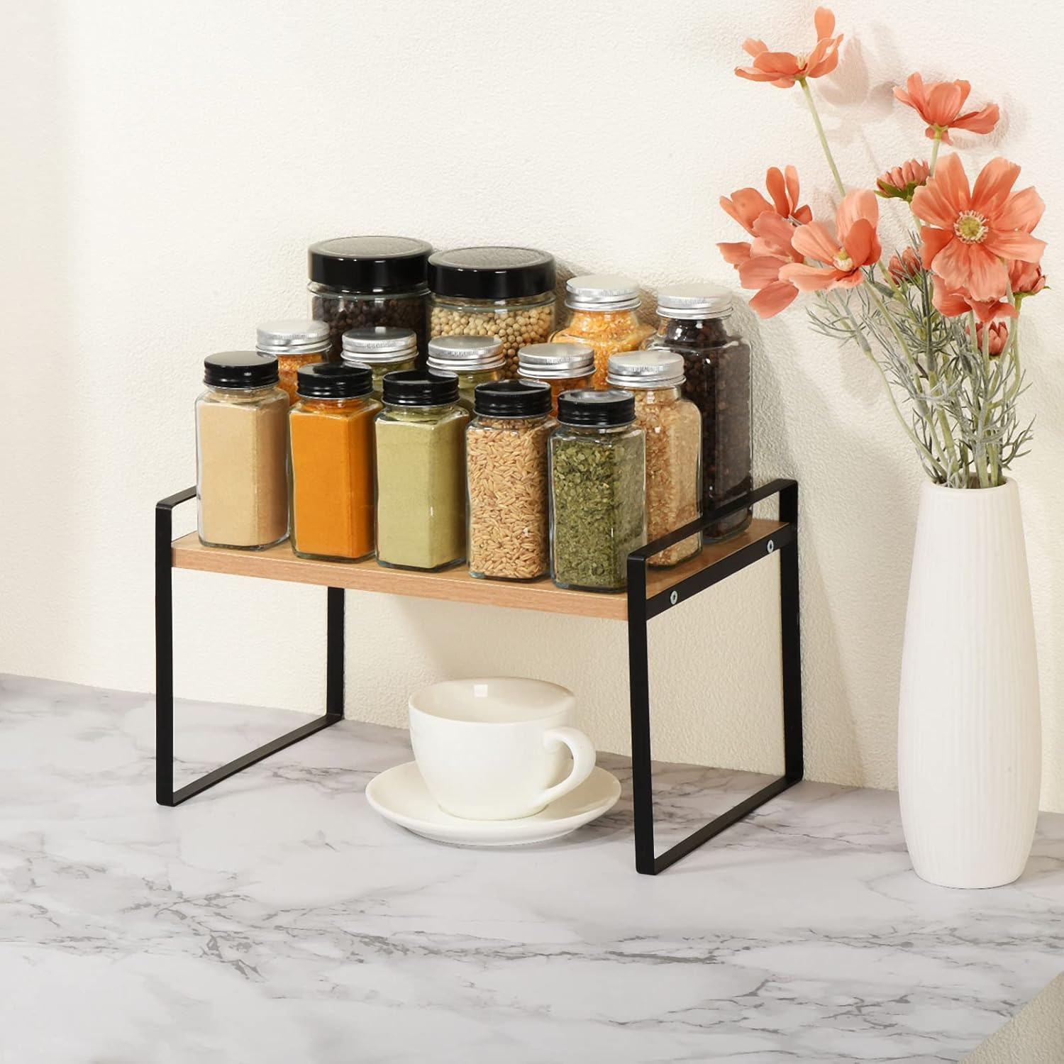 PATIKIL Kitchen Countertop Organizer, 12.9 Inch Stackable Kitchen Spice Racks Countertop Shelves Suitable for Kitchen Table, Cupboard and Pantry, Black