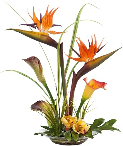 Petals - Artificial Bird of Paradise & Calla Lily Silk Flower Centerpiece in Glass Bowl with Acrylic Water