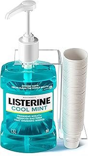Practical Mouthwash Dispenser Made to Fit Listerine 1.5 or 1 L Bottles with Cups, Holder, and Pump. (Mouthwash Holder Set)