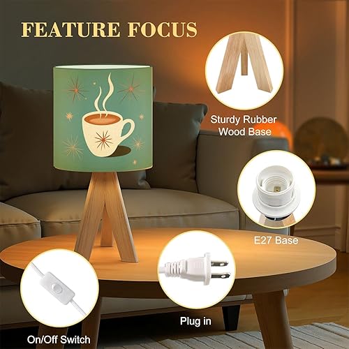 Miniatura 3 de Tripod Table Lamp Mid Century Modern Retro Green Coffee Cup Cafe Sign Art Scandinavian Bedside Lamps Small Lamp Nightstand Lamp with Linen Lampshade