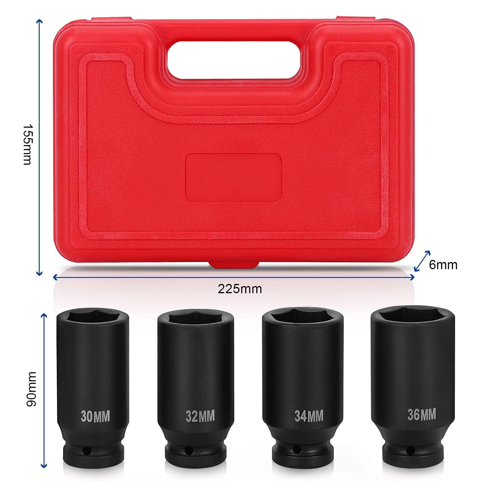 Set di 4 Dadi per Chiavi a Percussione, Set di Inserti per Chiavi a Bussola Ad Alto Impatto 1/2 Pollice Set di Dadi Esagonali 30-36 Mm, Attrezzo per Alberi di Trasmissione dei Dadi con Cassetta