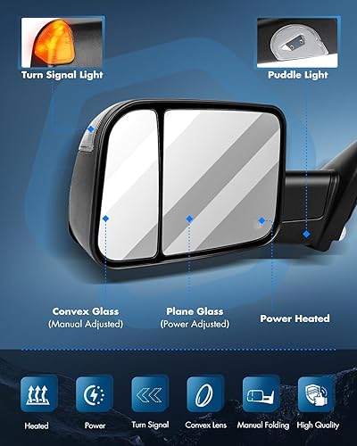 Miniatura 3 de ECCPP Espejos de remolque para Dodge 2009-2010 para Ram 1500 2011-2015 para Ram 1500 2500 3500 con luz de giro calefactada ajustable de potencia