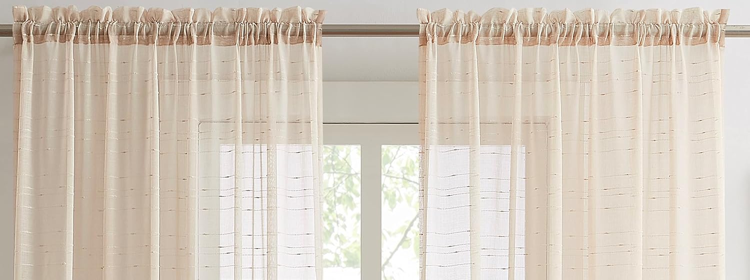 LinenZone Luxury Sheer Window Curtains for Living Room, Bedroom or Kitchen. Each Linen Curtains Panel is Embroidered with Dotted Stripe Design. Premium Light Filtering Drapes. (Jane 54 x 96, Linen)