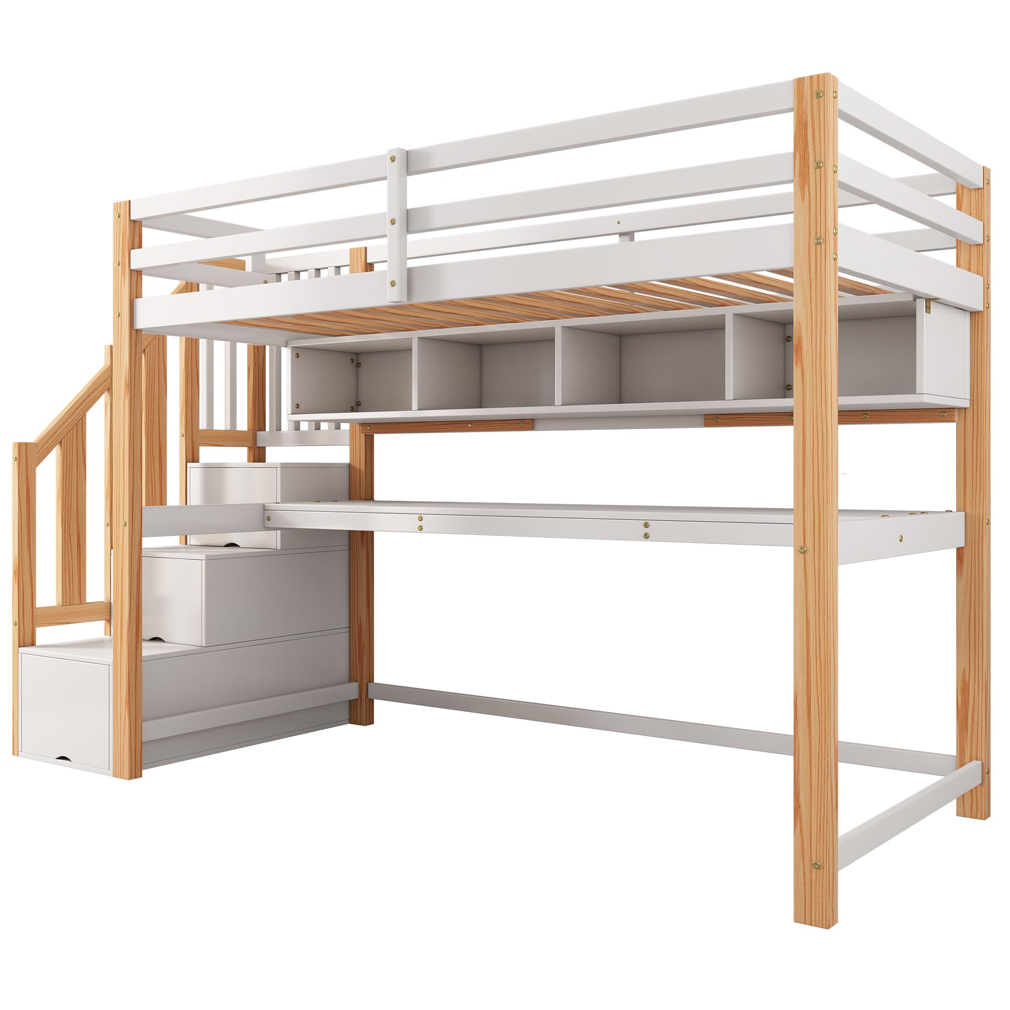 Merax Lit Mezzanine 90 x 200 cm, avec Grand Bureau et Escaliers de Rangement, Lit Enfant avec Étagères de Stockage, pour Garçon et Fille, Blanc et Bois (sans Matelas)