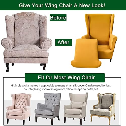 Miniatura 6 de CRFATOP Fundas de poliéster para silla de alas de 2 piezas, fundas elásticas para silla con respaldo de ala, fundas sólidas con parte inferior