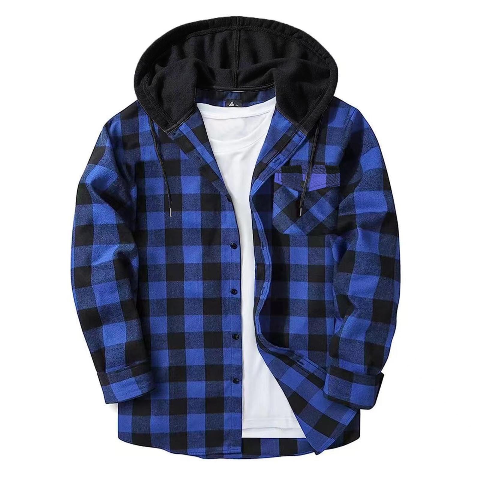Shirts for Men Long Sleeve Fashion Casual Button Down Plaid Shirt Drawstring Hooded Jackets Lightweight Shacket 2026 — view 16