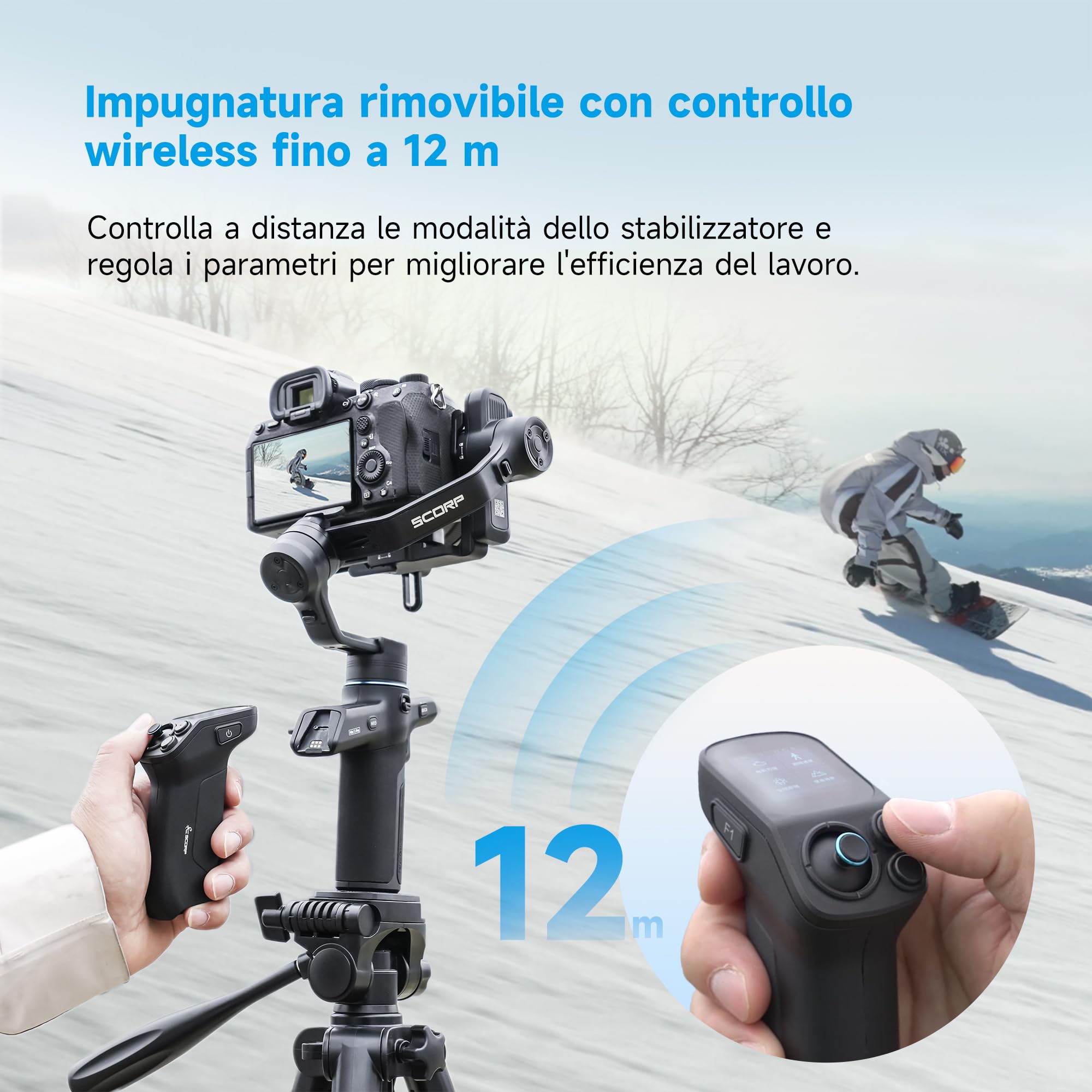 [Ufficiale]Feiyutech SCORP Mini 3 Pro Stabilizzatore Gimbal 3 Assi,AI Tracking4.0 Integrato,Impugnatura Rimovibile con Controllo Wireless,Carico Massimo 2KG,Gimbal Mirrorless per Fotocamere/Smartphone | Carico utile di 2 kg, manico remoto staccabile, scat