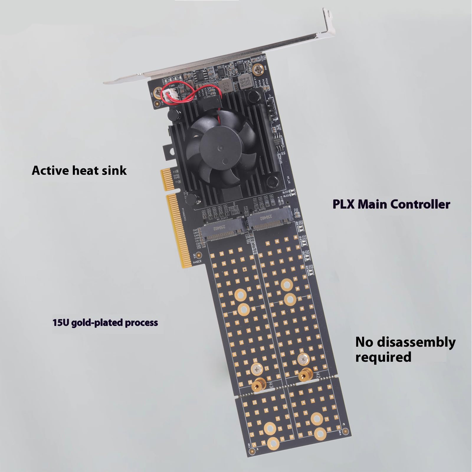 Tarjeta de expansión PCIe3.0 NVMe para 4 configuraciones, no requiere configuración BIOS, ventilador activo, montaje universal, tarjeta de expansión NVME de refrigeración activa