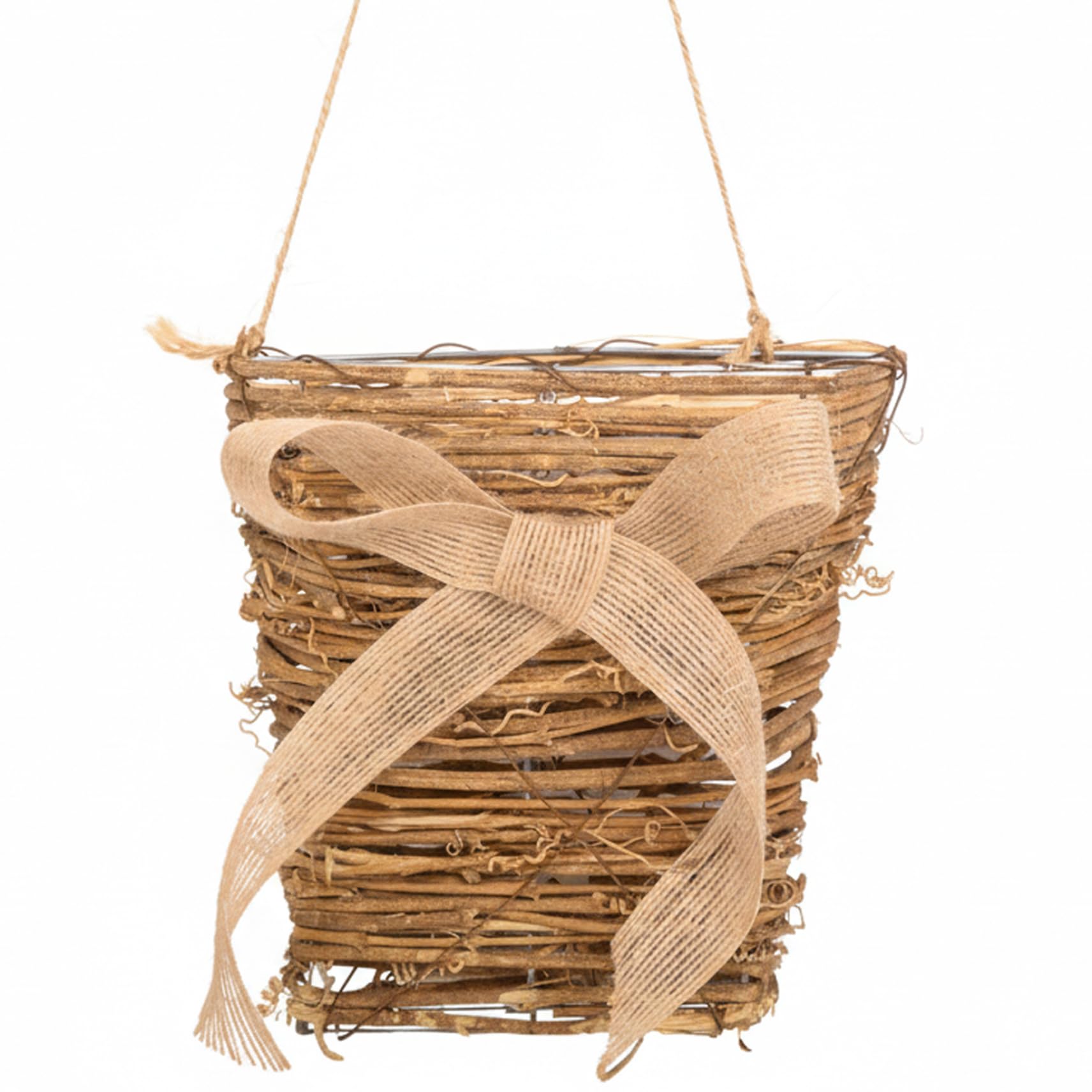 Ginwrek Front Door Hanging Basket Hanging Basket for Front Door, Wicker with Burlap Bow, Farmhouse Rustic Rattan Wall Baskets for Flowers and Storage