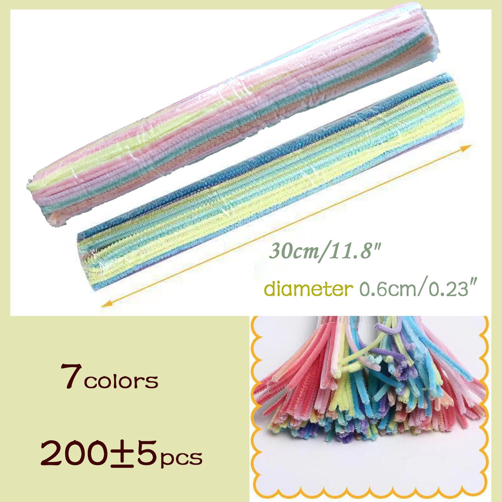 200Pcs 7Colors Pipe Cleaners for Crafts Chenille Stems Supplies Pastel Macaron Color Pipe Cleaner Crafts for DIY Art and Craft Projects 12x0.24inch