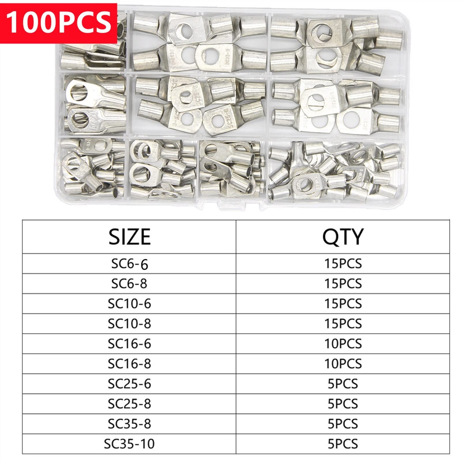 Ringkabelschuhe 140/100-teiliges Sortiment verzinnter Kupferösen, Ring-Elektrodrahtverbinder, SC-Bare-Crimp-Terminals, Kabelspleiß-Terminal-Kit(100pcs)