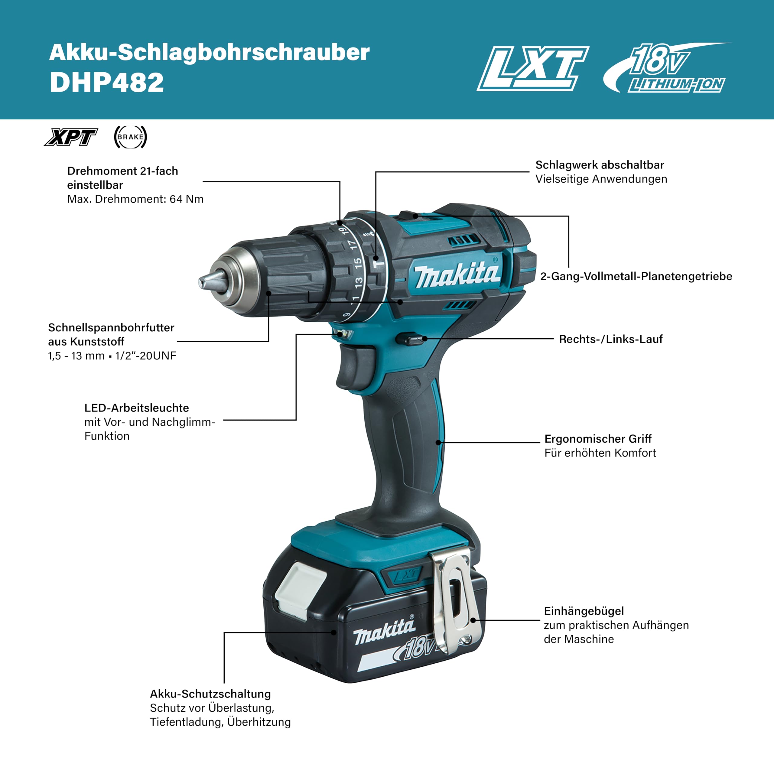 Makita DHP482RFX9 Batería Taladro 18V LXT 62Nm 2x3.0Ah MAKPAC 92 Accesorios